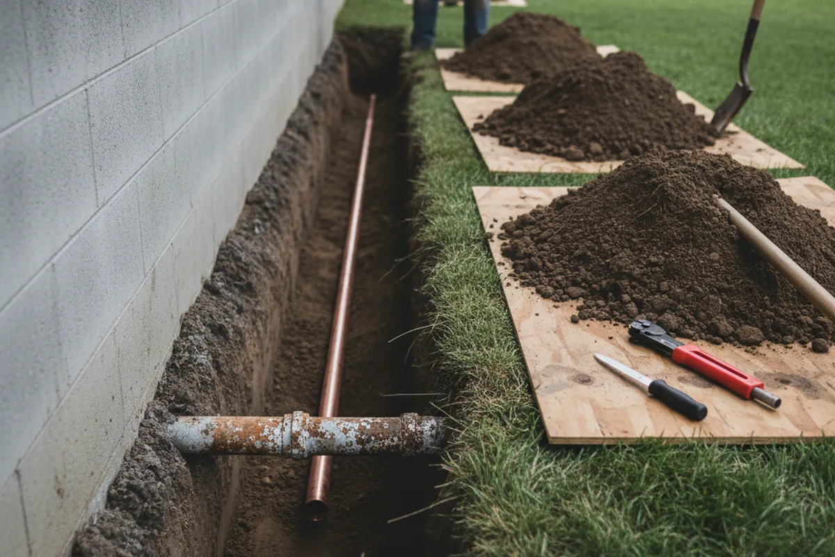 Excavated water line trench during Sewer Line Repair in Hutchins